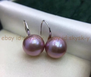 9-10mm/10-11mm Genuine South Sea Purple Round Pearl Dangle Silver Hook Earrings - Picture 1 of 6