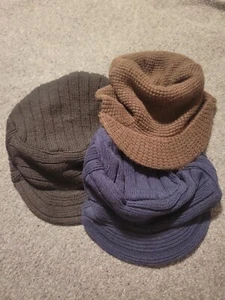 Lot Of 3 Kids Size Beanie Knit Hats with Bills Black/Brown/Blue - Picture 1 of 11