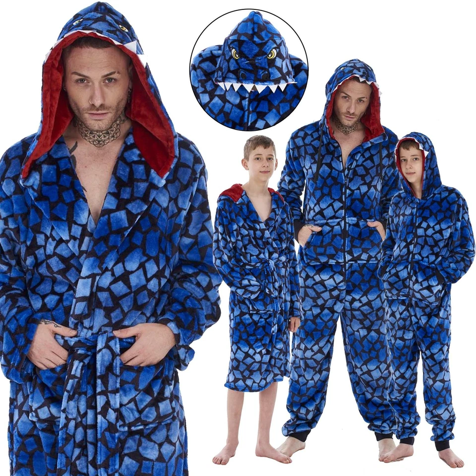 KEANU Mens Boys Raptor Dinosaur Luxury Flannel Hooded Dressing Gown 1Onesie Matching