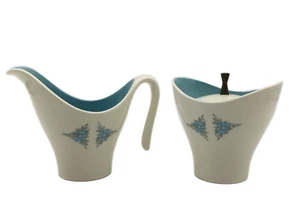 MCM Cream & Lidded Sugar Set Robin's Egg Blue Interior Unbranded Floral Pattern - Picture 1 of 17