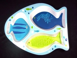 Fish shaped melamine 3 part divided plate Blues & greens  - Picture 1 of 2