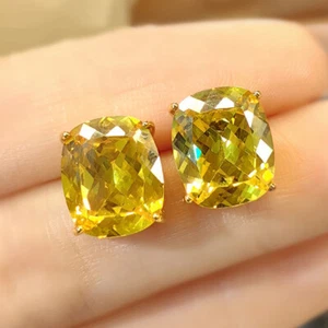 New 12mm High Carbon Nest Cut Yellow Citrine Gems Charm Women Gold Stud Earring - Picture 1 of 6
