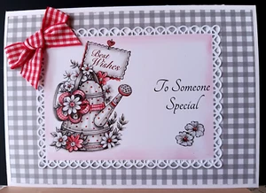 Handmade Greeting Card - "To Someone Special", garden theme, gingham bow, 5x7" - Picture 1 of 1