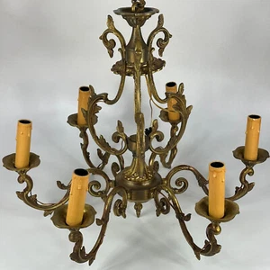 Vintage French 5 Arm Extra Large Gold Col. Heavy Metal Ceiling Light Chandelier - Picture 1 of 24
