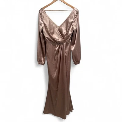 Revelry Vera Satin Dress Long Sleeve Maxi Size 8 Bridesmaids Cocktail Champagne - Image 1 of 4
