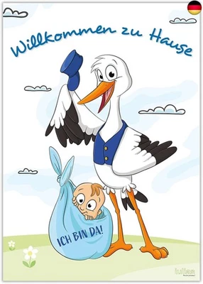 Poster zur Geburt Junge I Storch mit Baby I Willkommen zu Hause I XL DIN A2 - Bild 1 von 4