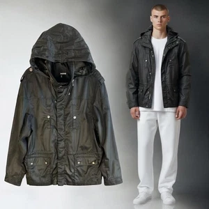 Murano Jacket Mens XL Black Hooded Full Zip Snap Storm Flap Pockets Epaulets - Picture 1 of 11