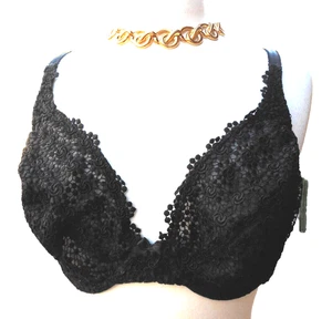 $98 FELINA Bra Black Lace Underwire Sexy Semi Sheer Scallop NO PAD 38DD 38 DD - Picture 1 of 5