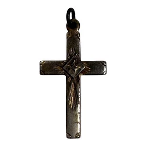 Antique Silver Cross Pendant Etched Diamond Detailed Engraving Religious Jewelry - Picture 1 of 5