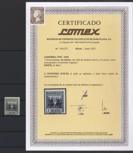 ¡OPORTUNIDAD! ANDORRA ESPAÑOLA - EDIFIL 41s - SIN DENTAR - MNH - CERT. COMEX - Picture 1 of 3