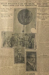 1907 Newspaper - Aeronaut J.C. McCoy Balloon Flies 500 Miles & Wins Lahm Cup - Picture 1 of 3