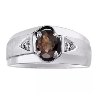 Rylos 925 Silver Ring Smoky Quartz & Diamond 7X5MM Gemstone Birthstone - Picture 1 of 7