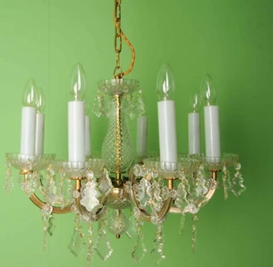Vintage Eight Arm Brass Metal and Glass Chandelier - Picture 1 of 11