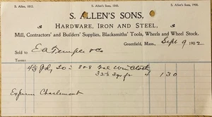 1902 BILLHEAD~S. ALLEN’S SONS, GREENFIELD, MA. HARDWARE, IRON AND STEEL & TOOLS - Picture 1 of 1