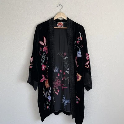 Johnny Was Kimono Mujer Grande Negro Floral Terciopelo Bordado Sandra Puño Ancho Foto 1 de 4