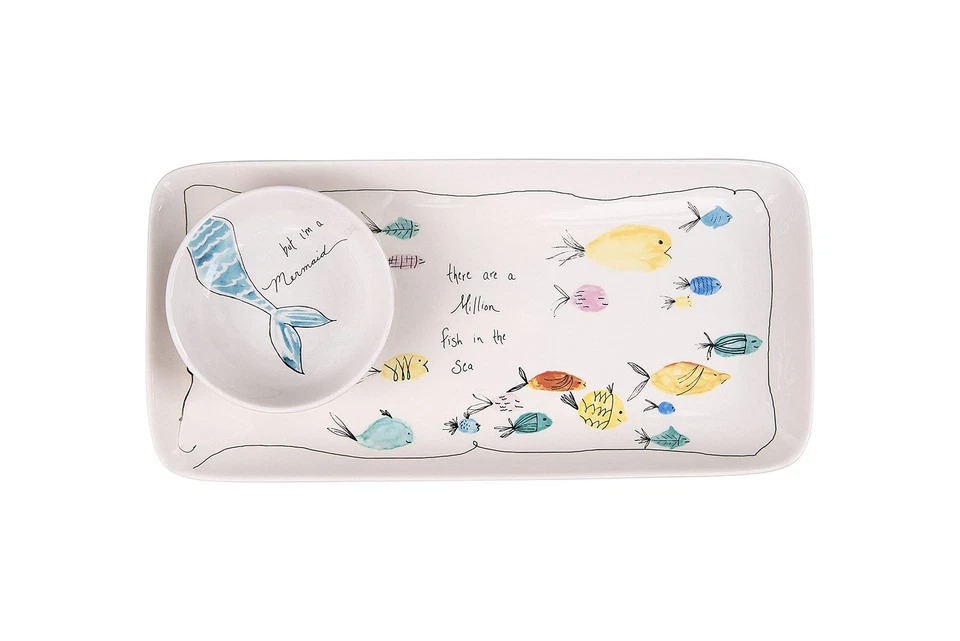 Creative Co-op DA6857 Rectangle Stoneware Plate With Fish Images and Matching Bo