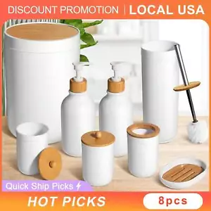 8pcs Bamboo Bathroom Accessories Set - With Trash Can, Toothbrush Holder& More - Picture 1 of 8