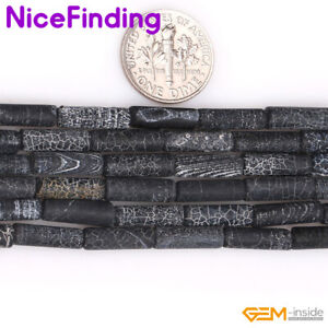 Natural Black Agate Frosted Mette White Crack Gem Stone Beads For Jewelry 15''