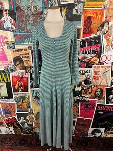 Maxi Vestido De Colección Años 70 Azul Taupe Geo Estampado Cuello Redondo Manga Larga 2XS - Imagen 1 de 16