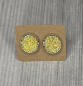 Yellow Druzy Acrylic Stud Earrings Stainless Steel New Pair 12mm Handmade - Picture 1 of 3