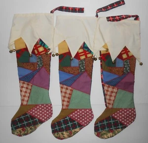 3 Patchwork Christmas Stockings with Bells - Picture 1 of 6