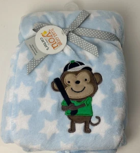 HTF NWT Carters Just One You Baseball Monkey Blue Stars Fleece Baby Boy Blanket - Picture 1 of 5