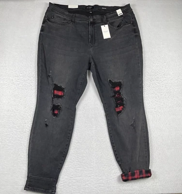 Judy Blue Jeans Womens 24W Black Distress Plaid Patchwork Mid Skinny Cuffed New - Image 1 of 4