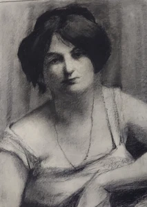 Antique Drawing Pencil Chalk Nude Woman Portrait with Necklace - Picture 1 of 8