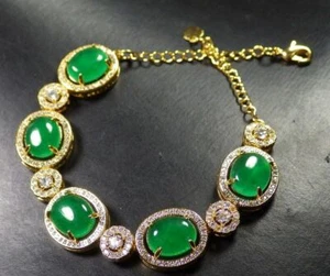 Genuine Green Jade Cabochon Oval Cubic Zirconia Flower 18KGP Bangle Bracelet - Picture 1 of 5