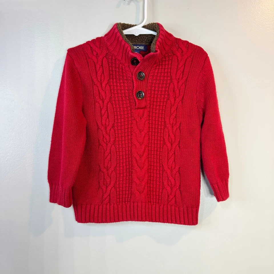 Suéter Cherokee Rojo Tejido con Cable Sherpa Forrado Cuello Simulado Niños 2T Vacaciones Acogedor Cálido Foto 1 de 4
