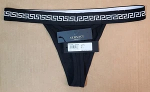 Size 5 - Authentic Versace Greca Boarder Thong Underwear Women’s Black White BNT - Picture 1 of 6