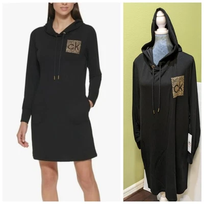Calvin Klein Hoodie Sweat Shirt Tunic Dress  Black Gold studs Logo 2X - Image 1 of 4