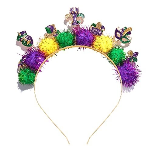 Diadema Mardi Gras púrpura verde dorado bola esponjosa lazo para el pelo disfraz sombreros  Foto 1 de 4