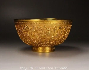Ancient Chinese bronze 24k gold Gilt Hundred son pattern statue Tea cup Bowl - Picture 1 of 9