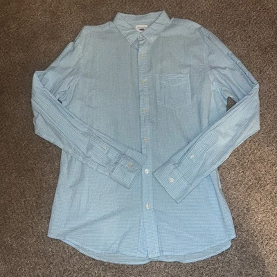 Old Navy Oxford Button Down Shirt Linen Blend Slim Fit Large Stripe White Blue - Image 1 of 4