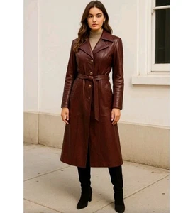 Vintage Genuine Leather Burgundy Belted Trench Coat Size XS - Picture 1 of 9