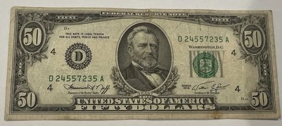 USA 1974 $50 Centered Off Circulated Good Condition Minor Wear Marks Pen Mark - Image 1 of 4