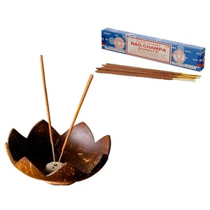 12 pcs Scented Incense Sticks + Coconut Shell Agarbatti Stand with Ash Catcher - Picture 1 of 6