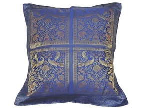 Persian Blue Elephant Pillow Cover - 26" Gold Zari Floor Cushion Bed Euro Sham - Picture 1 of 3
