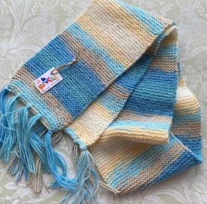 Hand Knitted Adults Winter Scarf Sand & Sea Blue Beige Colours With Tassels Gift - Picture 1 of 6