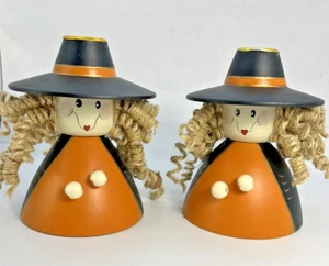 2 Halloween Terry’s Village Wooden Witch Taper Pair Candle Holders Decor 4.5" - Picture 1 of 9