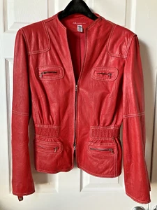 Anne Klein Red Leather Waist-Fitted Moto Peplum Jacket Size L - Picture 1 of 7