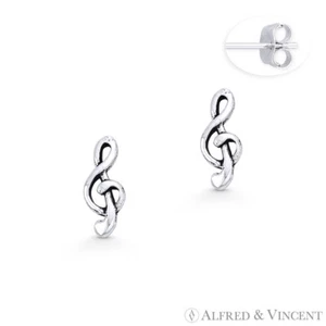 G-Clef Music Note Musician Charm Stud Earrings in Oxidized .925 Sterling Silver - Picture 1 of 1