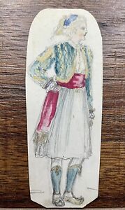 Small Antique Early C20th Coloured Sketch of Girl In National Costume
