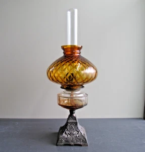 Large Antique Oil Lamp with Quilted Amber Glass Shade - Picture 1 of 13