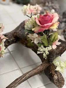 ORIGINAL FLORAL DESIGN WOOD BASE, ROSES, PEACH BLOSSOMS MOSSES BABY BREATH - Picture 1 of 24