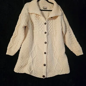 Vintage Damen Carraig Donn irische handgestrickte lange cremefarbene Strickjacke XL Fischer Zopfmuster - Bild 1 von 6
