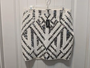 NWT! EXPRESS White Silver Aztec High Waisted Sequin Mini Skirt Bodycon Size M - Picture 1 of 12