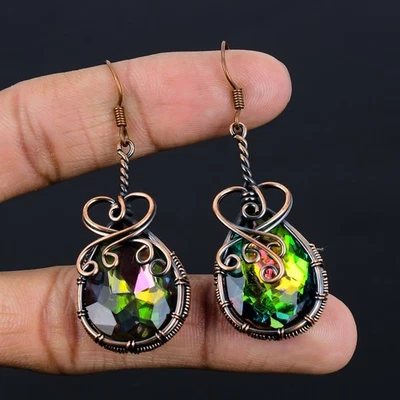 Pendientes de topacio místico arco iris hechos a mano piedras preciosas alambre de cobre envueltos joyería Foto 1 de 4