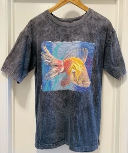 VTG 80s Goldfish Puffy Paint T. Neil Fish T Shirt USA MADE NEON Sz L - Picture 1 of 5